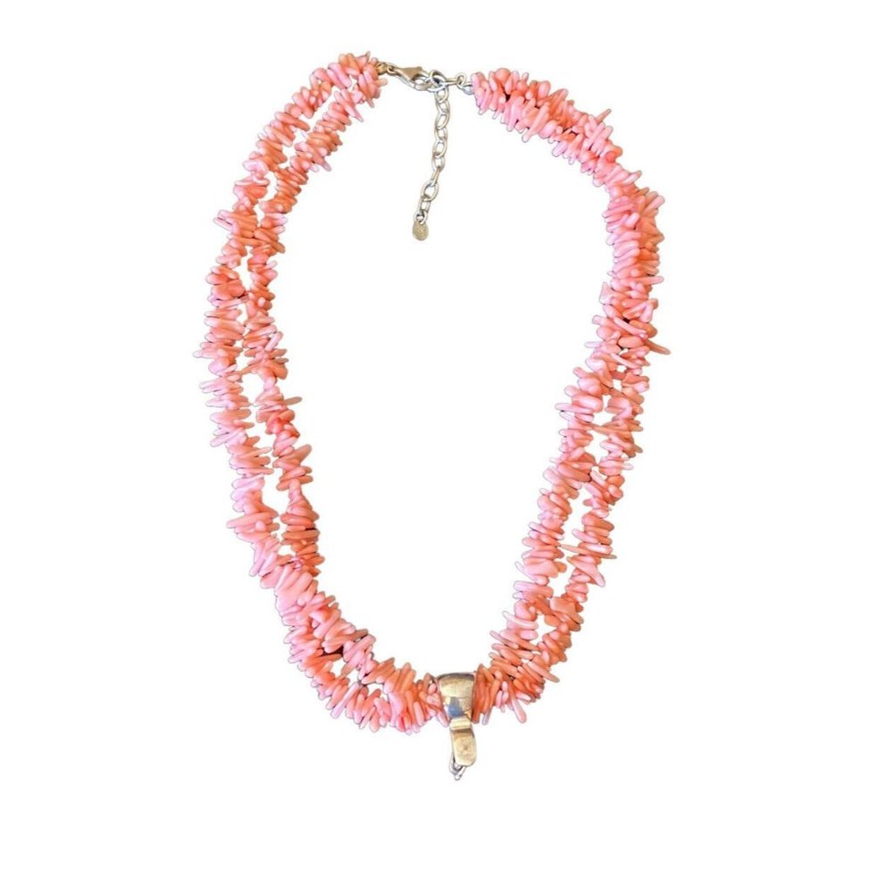 GSJ 925 Necklace Two Strand Pink Coral Chip  Designer Signed 18 Inches